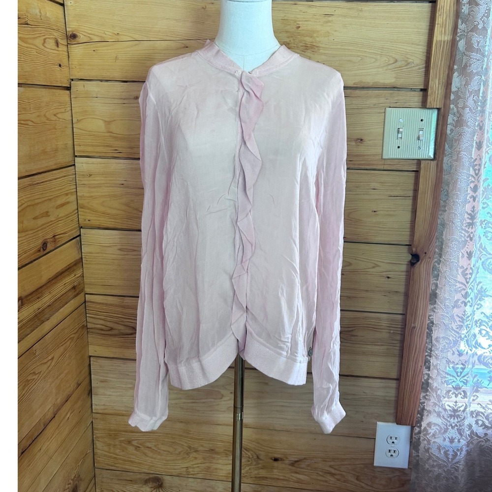 Bomber Jacket Womens Size 42 Pink Sheer Ruffle Lightweight Zip Up Coat Sandwich
